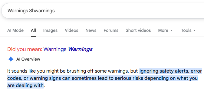 Screenshot of Google Search AI overview reacting to 'Warnings Shwarnings': It sounds like you might be brushing off some warnings, but ignoring safety alerts, error codes, or warning signs can sometimes lead to serious risks depending on what you are dealing with.